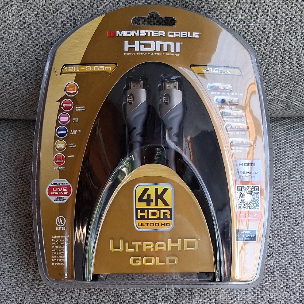 Monster Cable 4K HDR UltraHD Gold HDMI Cable 12'